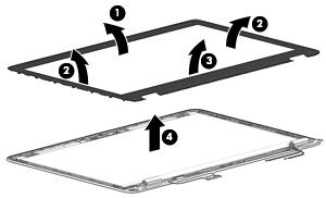 6. If you need to remove the display bezel, flex the top (1) of the bezel, the inside edges of the left and right sides (2), and then the bottom (3) of the bezel until it disengages from the