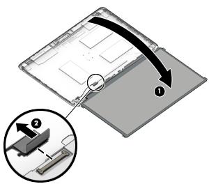 Rotate the display panel all the way over (1), disconnect the display cable from the rear of the panel (2), and then remove the display panel from the enclosure. 11.