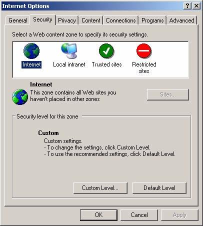 Figure 2-18 Internet Options 4. Click the Custom Levels security button. 5.