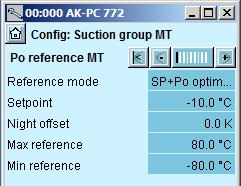 Configuration - continued Set control of MT compressors 1. Go to Configuration menu 2. Select Suction group MT 3. Set values for the reference Press the +-button to go on to the next page 4.