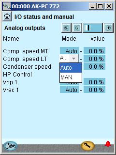 Check of connections - continued 5. Check Analog outputs Set Control of output voltage to manual Press in the Mode field. Select MAN.