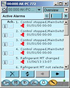 First start of control Check alarms 1. Go to the overview Press the blue overview button with the compressor and condenser at the bottom left of the display. 2.