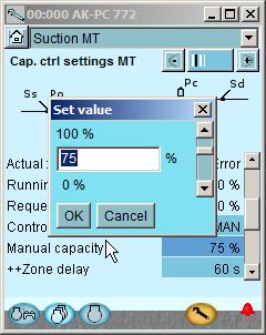 manually. Press the +-button to go on to the next page 3. Set capacity control to manual WARNING! If you force control the compressors, the oil management will be shut down.