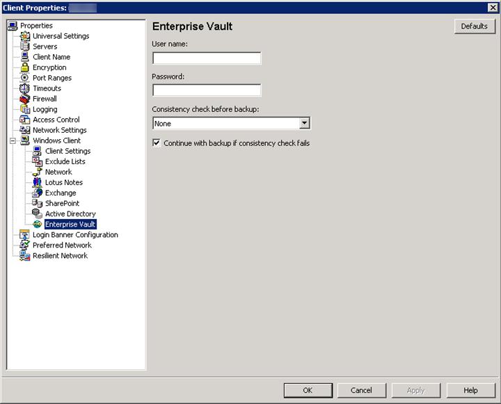 Configuration About VSS-based snapshot configuration 32 5 In the left pane, expand Windows Client and click Enterprise Vault.