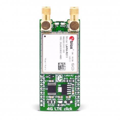 4G LTE-E click (Europe) MIKROE-2527 Weight: 36 g 4G LTE-E click carries the LARA-R211 multi-mode cellular module from u-blox. The board is designed to use 5V power supply.