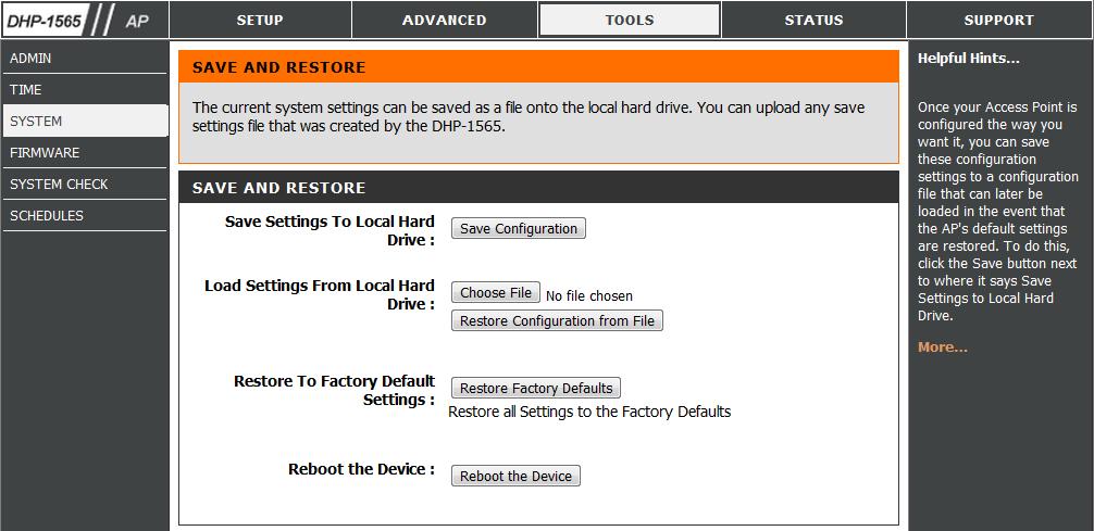 Save Settings to Local Hard Drive: Load Settings from Local Hard Drive: Restore to Factory Default Settings: Use this option to save the current router configuration settings to a file on the hard