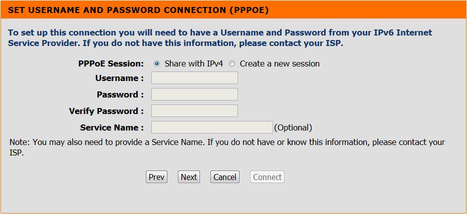 IPv6 over PPPoE After selecting the IPv6 over PPPoE option, the user will be able to configure the IPv6 Internet connection that requires a username and password to get online.