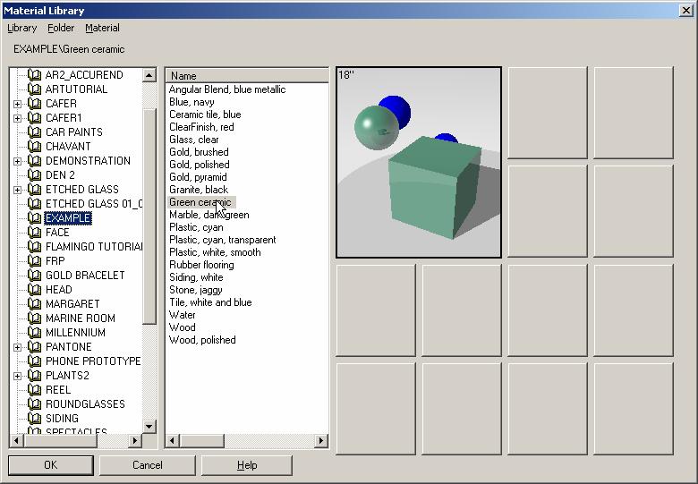 4 In the Material Library dialog box, from the Example library, select Green ceramic.