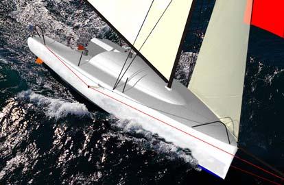 In this image, to show off the sailboat design, the rendered image of the boat replaces a similar boat in a photograph of a boat under way.
