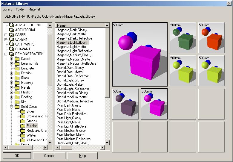MATERIALS To open the Material Library dialog box From the Raytrace menu, click Materials. Material Library dialog box. To create a new material library 1 In the Material Library dialog box, from the Library menu, click New.