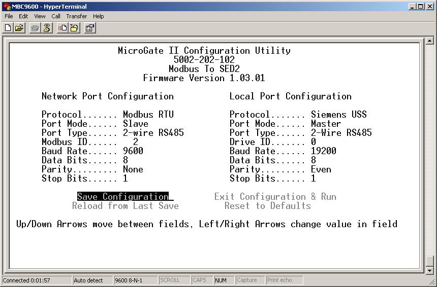 Changing the Configuration, Continued Once the Interface Module is in CONFIGURATION Mode, it will send its current configuration to the terminal program. Figure 9. MicroGate II Configuration Display.