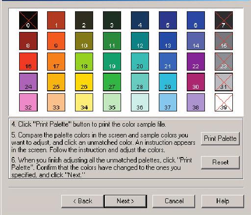 For Windows XP: Click [Start] [Programs] [XANTÉ] [Color Correct Utility] [Color Adjustment Utility]. 2. Select [Adjust Pallet Color] and click [Next]. The Select Printer screen will appear. 3.