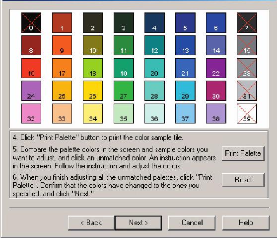 5. Click OK. 6. The Pallet Color Matching screen will appear. 7. Click [Test Print]. The Color Adjustment Chart prints. 8.