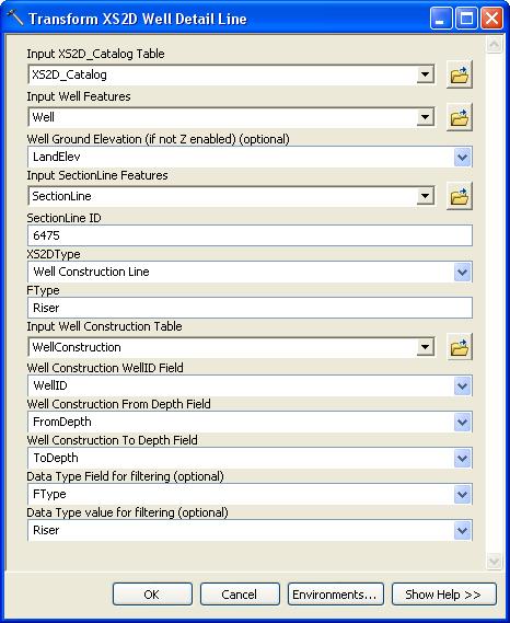 Figure 9 Settings for the Transform XS2D Well Detail Line tool. When the tool is done, activate the data frame Section A-A.