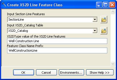 3. For the Input Section Line Features select the SectionLine feature class. 4. Specify XS2D_Catalog for the XS2D_Catalog Table. 5. Enter Well Construction Line as the XS2DType value. 6.