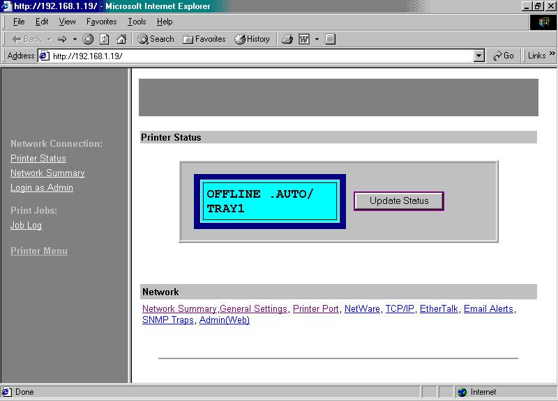 Checking the Printer Status Click the WEB SETTING button. The following screen displays: NetStatusK.