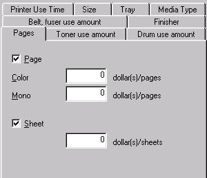 Fees Pages tab This is a tab in the Define Fees Window. Page Select to set a fee to be charged for each page printed in color and for each page printed in mono.