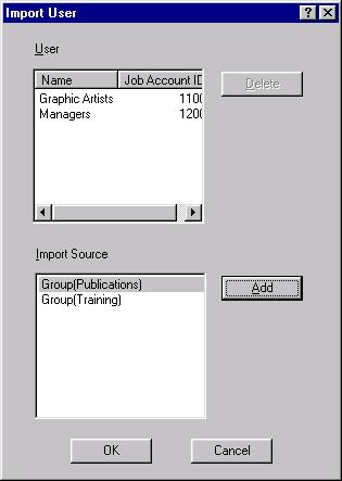 4. From the Import Source list, select a printer or group from which you want to import Account ID(s). Click Add. Any IDs not already registered for the printer appear in the User box. JA_AddID7.