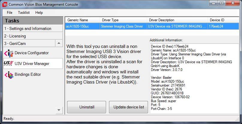The CVB Software Suite will recognize the device and install the Stemmer libusbk driver to access the USB3 Vision device.