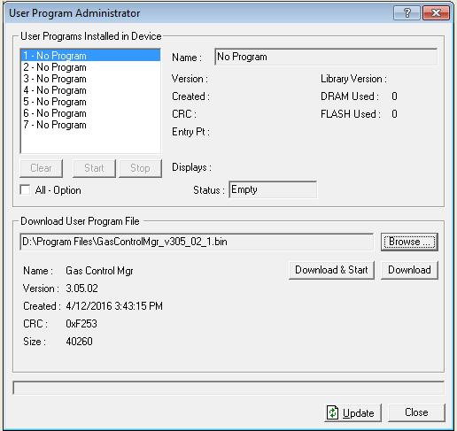 6. Click Open to select the program file. The User Program Administrator screen displays.
