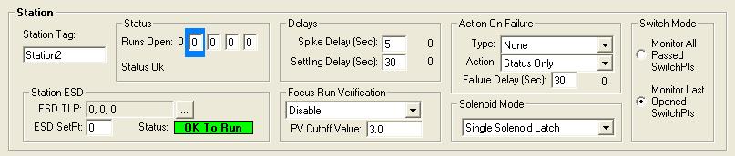 Figure 11. Station settings of the Run Switch tab 1. Review the values in the following fields: Field Station Tag Status Status Message Display Delays Description Use this field to name your station.