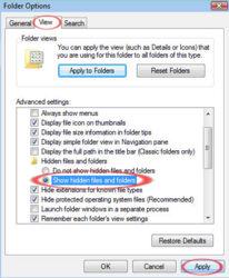 In the list titled Advanced settings double-click the Show hidden files and folders option (see below). 5. Click Apply, then click OK. The Folder Options window will close. 6.