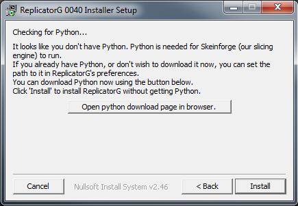 next screen warns that "It looks like you don't have Python.