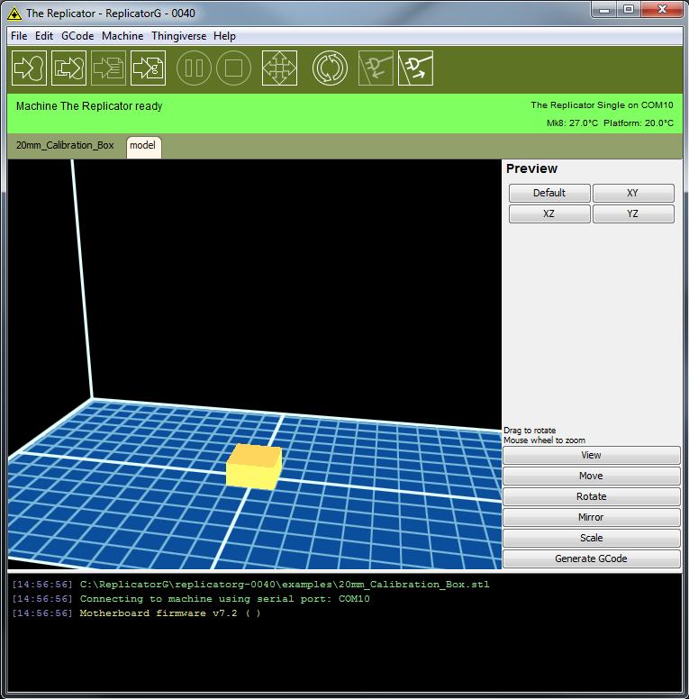 31. ReplicatorG will load the model and display it in the middle of the virtual build platform, as shown below.
