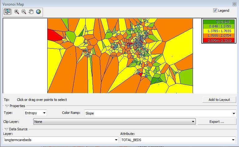 3. Right-click the Color Ramp and uncheck Graphic View. 4. Change the color ramp to Slope. 5. Change the Type to Entropy. The entropy Voronoi map displays variation in your data.