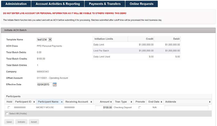 The final step is to process your ACH batch by selecting Initiate ACH Batch under the Payments & Transfers tab.