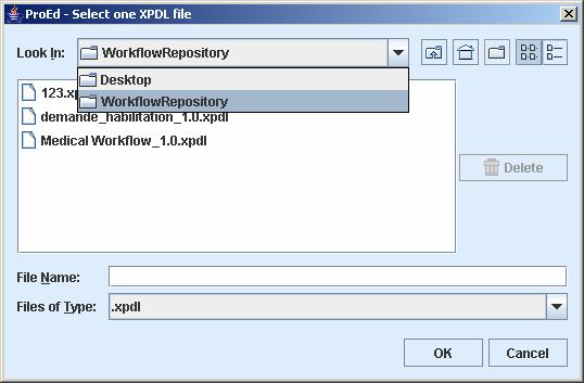 3.4.3 Load/Save/SaveAs/Delete Projects The "file chooser" window is used to load, save, and delete the XPDL files corresponding to ProEd projects.