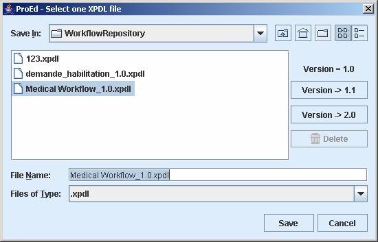 To delete an existing file: This dialog box also allows the user to delete any XPDL file. Navigate to the file as above. When a XPDL file is selected, the "Delete" button at the right is enabled.