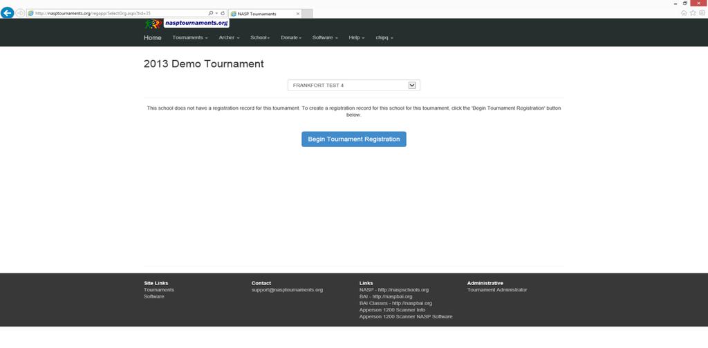 8. On this screen, select the dropdown for schools and select the school you want to register. This dropdown lists all of the schools you are associated with for tournaments.