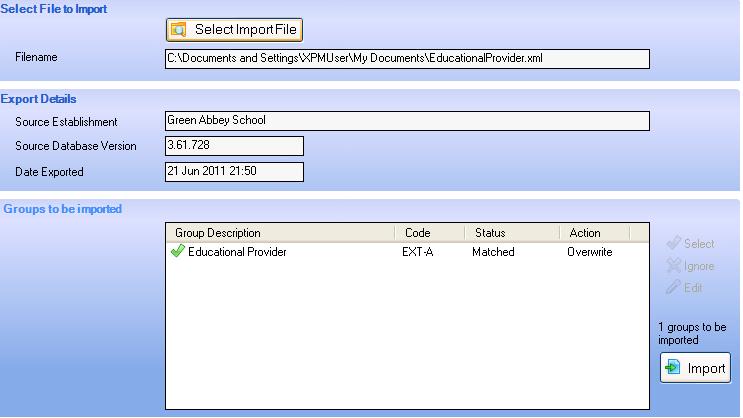 The screen displays details of the permissions group to be imported click Import to import the group into your system: User Access Log