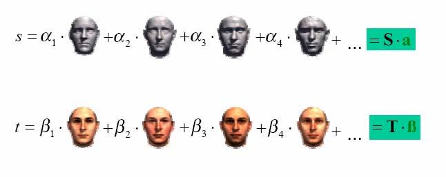 The Morphable face model Again, assuming that we have m such vector pairs in full correspondence, we can form new shapes S model and new appearances T model as: S = m model a i i= 1 S i T = m