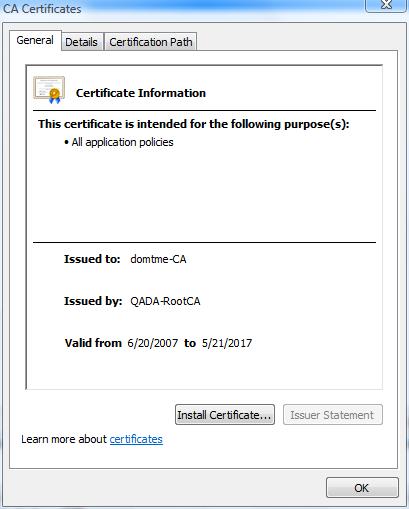 2. The Certificates dialog appears: 3. Examine the certificate by clicking the tabs General, Details, and Certificate Path.