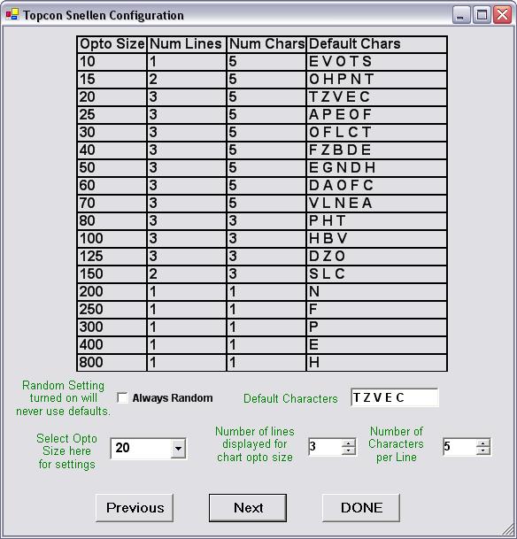 Optional Click Next to continue without modifying the default chart options. 15. The Default Chart can be adjusted, changing the number of rows and number of optotypes shown per line. 16.