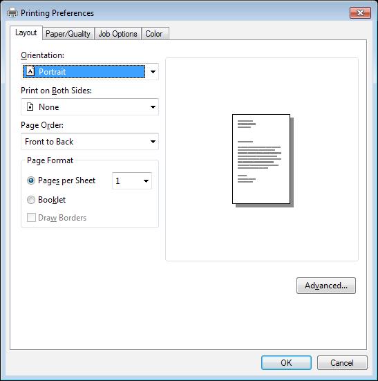 1 For Windows PS Printer Driver [Layout] tab [Job Options] tab 1. Convenient Print Functions Item Description Orientation Selects the document orientation.