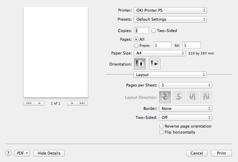 For Mac OS X PS Printer Driver [Layout] panel [Paper Handling] panel 1 Item Description Item Pages to Print Page Order Description Selects the pages to be printed.