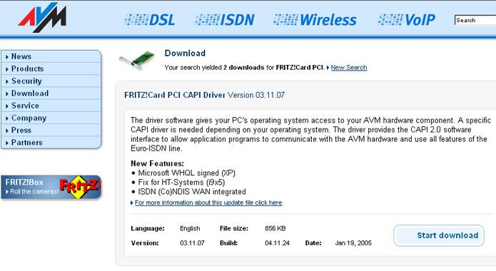 How to Perform an Update of the Driver Software 2. Select the category Product Group: FRITZ! Product: FRITZ!Card PCI Operating system: the operating system on your computer.