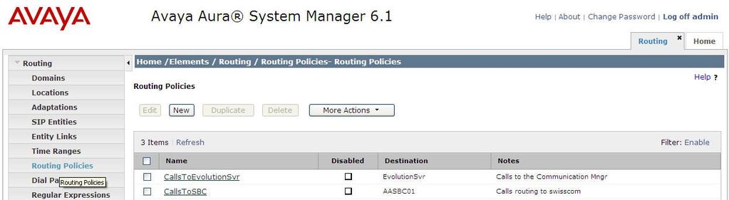 The following screenshot shows the routing policy created for the AASBC SIP entity defined in Section