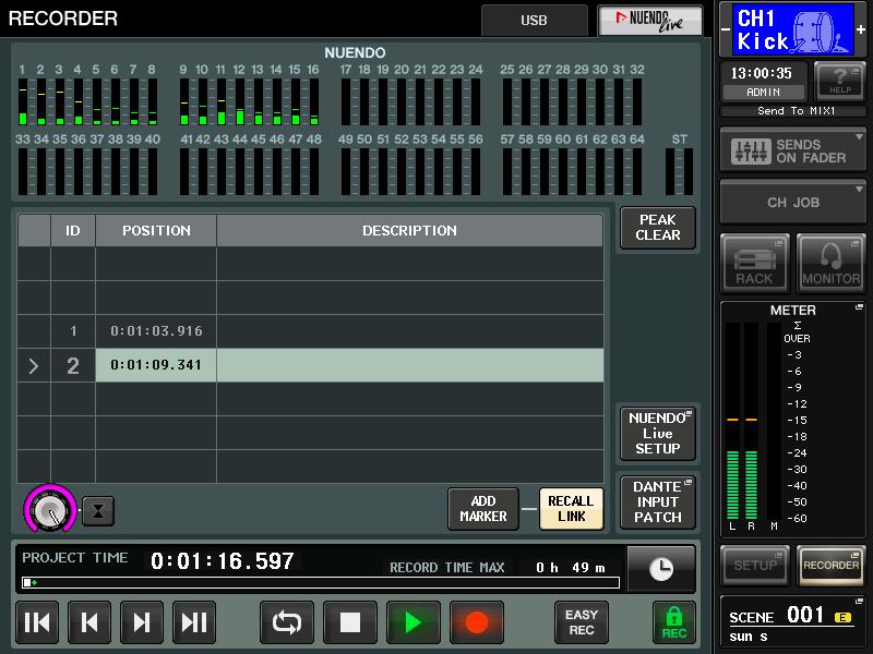 Start Recording Open the Nuendo Live page on the CL screen (RECORDER -> Nuendo Live) Press EASY REC, which performs the following actions instantly: - Enables recording on all tracks.