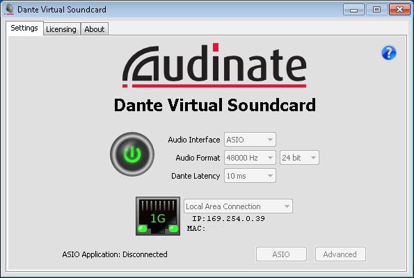 Enable Dante Virtual Soundcard by clicking on the big button! The initial Dante Setup for the console has DVS selected as device #3.