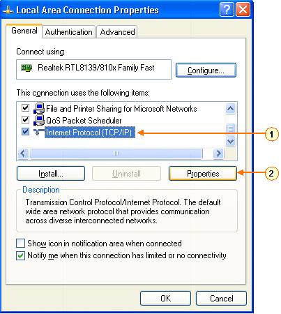 Figure-3: Configuration Window of Local Area Connection Find and click Internet Protocol (TCP/IP) from the protocol list box and then click the Properties button (as per Figure-2).