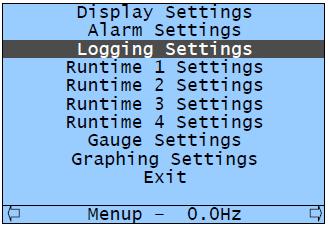 Advanced Operation 19 4. Press the SELECT button to open the Logging Settings menu (as shown following). 5.