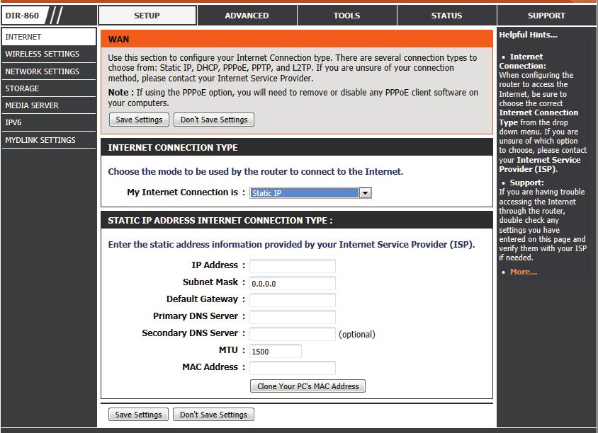 Manual Internet Setup Static IP Select your connection type from the My Internet Connect Is drop-down box. Choose Static IP if all of the necessary IP information has been provided by your ISP.