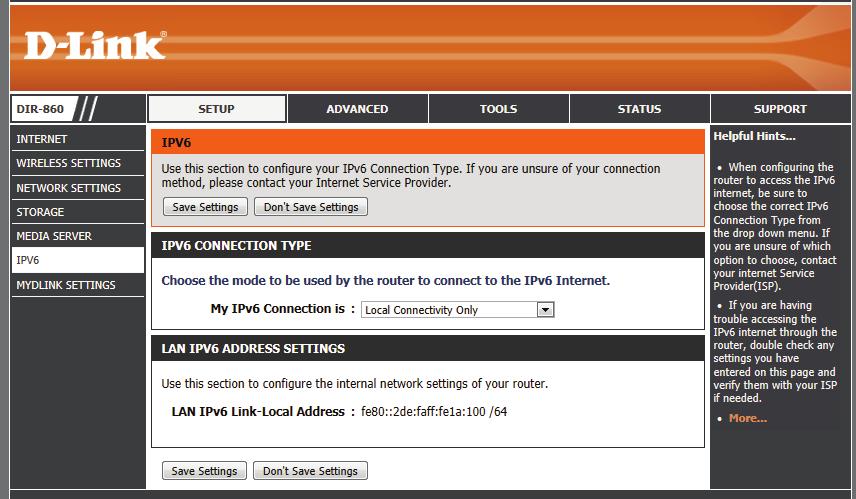 Link-Local Connectivity My IPv6 Connection Is: LAN IPv6 Address Settings: Select