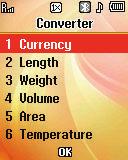 Converter The conversion menu provides the following conversion features: Currency Length Weight Volume Area Temperature To convert a currency, length, weight, volume, area, or temperature, do the