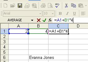Editing Exercise 6/8 1. Edit Vanna into Evanna 2. Edit Evanna into Evanna Jones 3. Edit =a1+b1 into =a1+b1*4 Editing in Excel 7/8 To enter info (or replace info) 1. Click on cell 2. Type To edit 1.