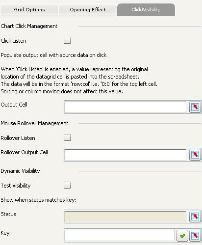 To make the chart listen for a mouse click, select the Click Listen checkbox. If a click listener is defined, the data in the format row number:column number will be copied to the Output Cell.